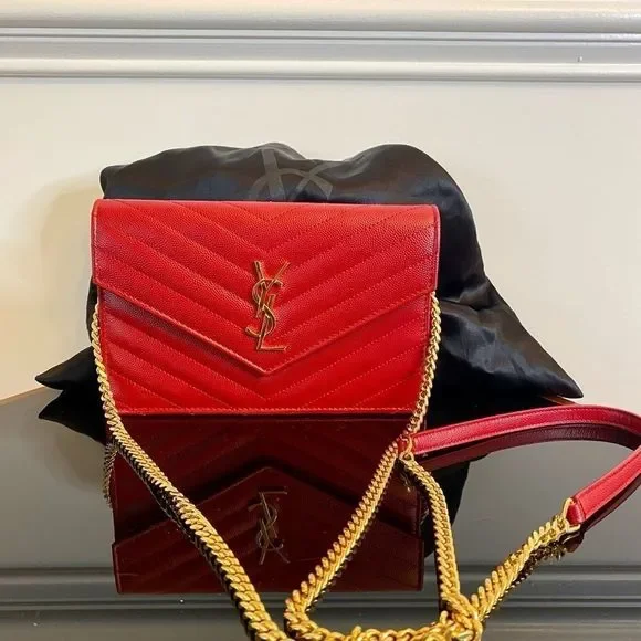 AUTHENTIC YSL Yves Saint Laurent Red Wallet on a Chain with gold hardware - Picture 2 of 9